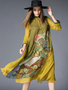 Jaune Shift robe imprimé coton robe lin