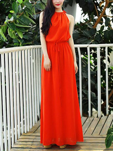 Robe Maxi rouge découpe Sash robe en mousseline de soie