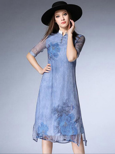 Maj impression floral robe bleu Slim Fit en mousseline de soie robe