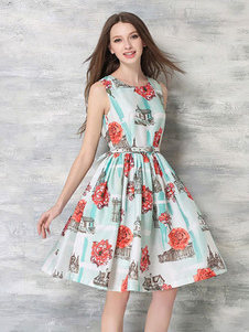 Flare multicolore imprimé Floral robe Slim Fit en mousseline de soie robe