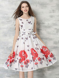 Flare blanc robe Organza imprimé Floral