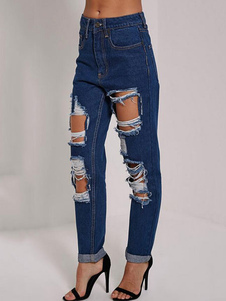 Jean déchiré de la femme en difficulté à capuche Loose Denim Pants