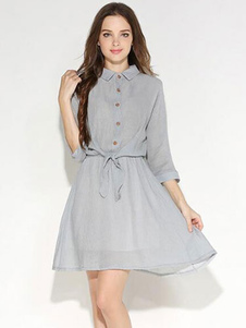 Chemise grise boutons Flare en mousseline de soie Sash robe