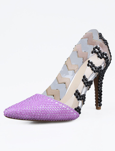 Color Block pompes strass perlé a souligné Toe en cuir talons