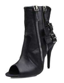 Noire Peep Toe sandales Zipper Buckle bottes en cuir pour femmes
