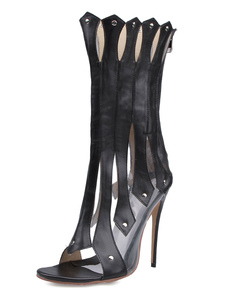 Black découpe sandales Stud des bottes de cuir pour femmes