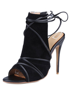 Découper les sandales noir Lace Up PU talons pour femmes