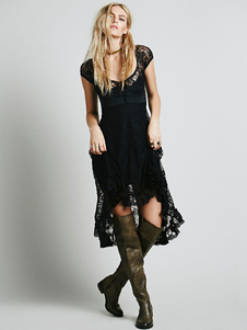 Robe noire haut/bas découpe dentelle robe d’été