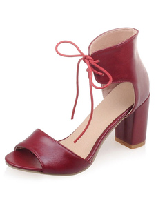 Lacez Bourgogne PU talons sandales pour femmes