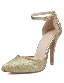 Rivets de paillettes sandales or cuir talons hauts pour femmes