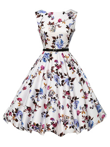 Multicolor Flare robe Sash robe Vintage imprimé Polyester