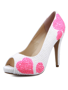 Deux tons Peep Toe pompes coeur impression cuir perlé talons