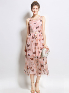 Robe d’été en mousseline de soie Chic de papillon rose robe imprimée