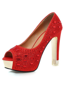 Mariée rouge plate-forme pompes Peep Toe Rhinestone PU soirée talons