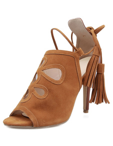 Peep Toe Sandals Brown coupé Fringe Suede talons hauts pour femmes