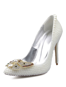Bow strass blanc pompes nuptiale a souligné Toe talons