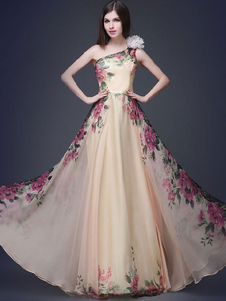 Robe Maxi imprimé floral multicolore une épaule robe en mousseline de soie