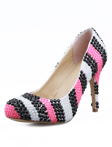 Plate-forme pompes couleur bloc perlé talons cuir