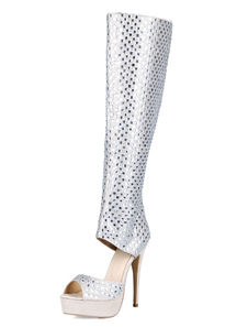 Plateforme argent sandales Peep Toe Terry bottes pour femmes