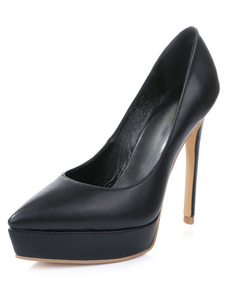 Plate-forme noir pompes à talons en cuir bout pointu Chic