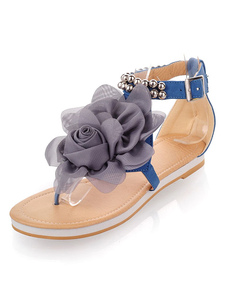 Thong Toe sandales fleurs bleues perlées Textile tongs pour femmes