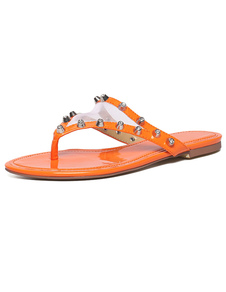 Thong Toe sandales Orange strass Rivets PU tongs pour femmes