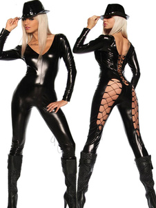 Noir dos nu Net découpe Catsuit combinaison de PU pour les femmes