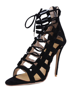 Gladiator sandales noir coupé lacets Suede talons pour femmes