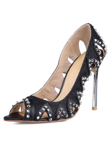 Peep Toe sandales noir coupé Rivets PU talons pour femmes