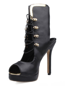 Black Peep Toe sandales plate-forme Lace Up bottes en cuir pour femmes