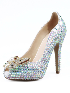 Peep Toe plate-forme pompes strass multicolore Bow cuir perle talons
