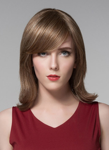 Brun de cheveux humains perruque Chic Bangs perruque frisée moyenne pour les femmes