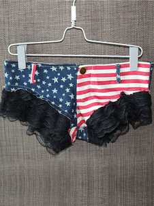 Denim court avec drapeau imprimé et dentelle