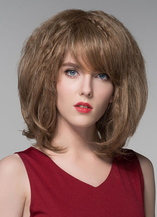 Brune cheveux bouclés perruque Bangs moyennes perruque Chic pour les femmes