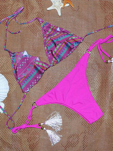 Halter Bikini imprimé multicolore sangles Polyester maillot de bain