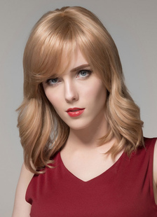 Or Human Hair Frisés perruque frange perruque moyen pour les femmes