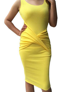Robe Bodycon jaune robe de coton froncé Midi
