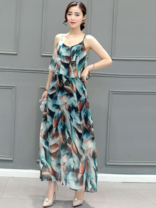 Robe d’été en mousseline de soie avec une impression de plume en couches