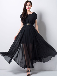 Robe longue en mousseline de soie avec semi sheer couches Desigh