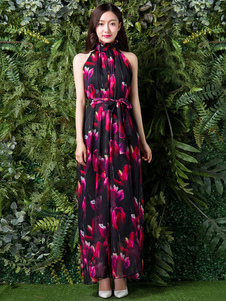 Mousseline de soie robe Maxi avec col haut et entier Tulip Print