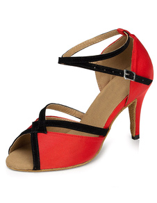 Danse latine rouge sandales cheville bracelet PU salle de bal talons pour femmes