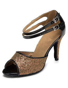 Danses latines brunes sandales Sequins Peep Toe Ballroom talons pour femmes