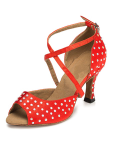 Danse latine rouge sandales strass Peep Toe salle de bal Satin talons pour femmes