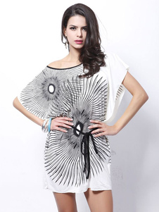 Maj impression blanche robe Sash lait Mini robe en soie