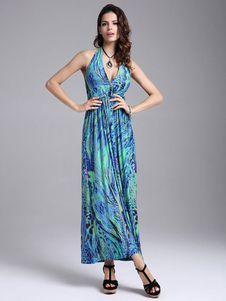 Robe Maxi backless Halter impression multicolore bracelet lait robe de soie
