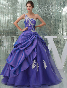 Une seule épaule Prom robe perles appliques Taffeta plissé étage longueur robe de Quinceanera