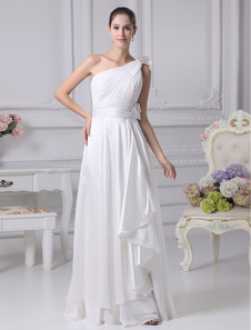 Mariage en mousseline de soie robe une épaule strass plissé étage longueur Sash Bow robe de mariée a