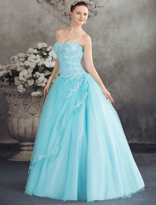 Robe dos-nu Pageant bleu mariage robe boule robe dentelle mariée robe sans bretelles Sweetheart perl