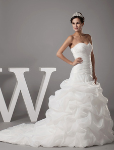 Sweatheart robe de mariée dos nu plissé dentelle appliques perles Organza robe boule Chaple Train ma