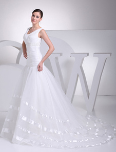 Col v robe de mariage sirène plissé perles robe de mariée Organza Train Chaple